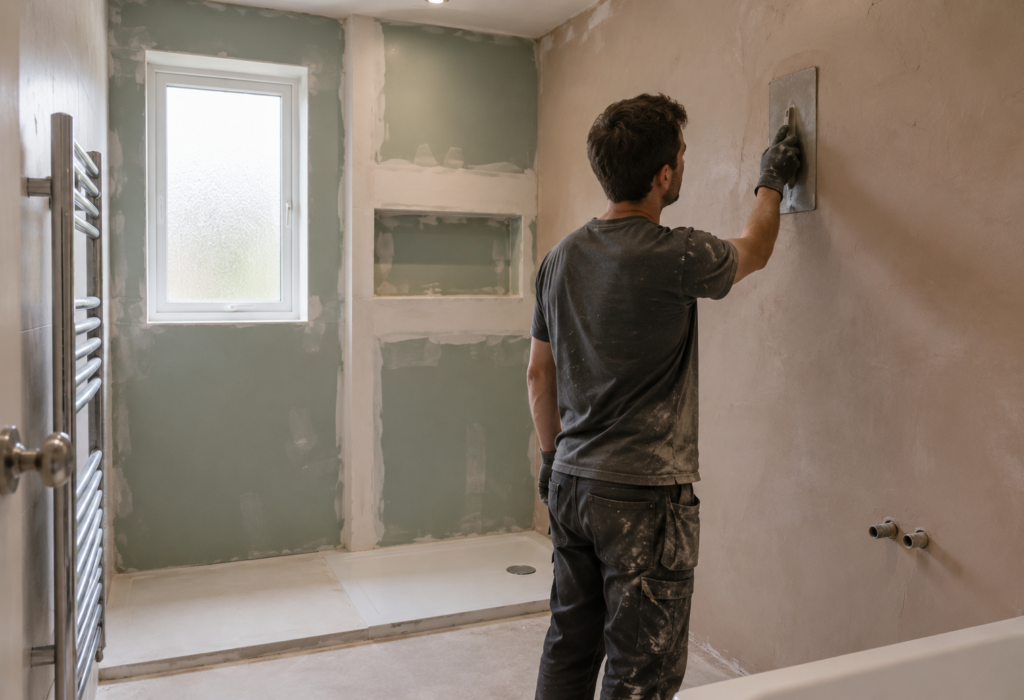 plasterer-working-on-bathroom-fit