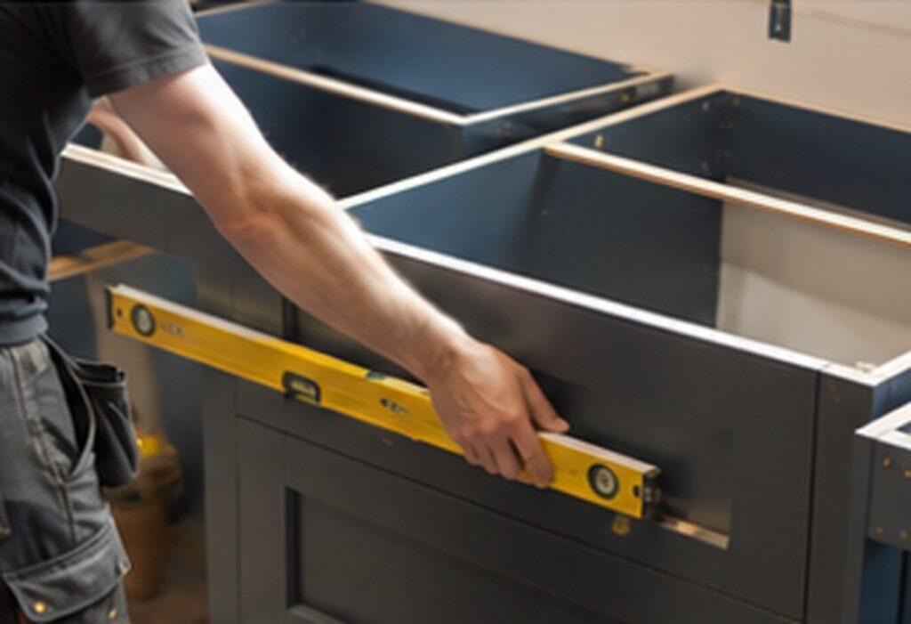 Kitchen fitter installing wall and base cabinets in a Cardiff kitchen