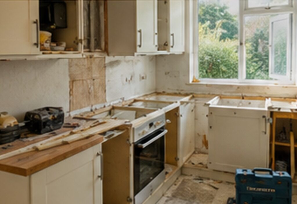 Kitchen removal service clearing old cabinets and worktops in a Cardiff home