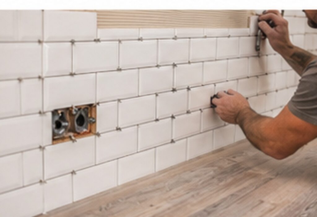 Kitchen wall tiling and splashback installation above a newly fitted worktop