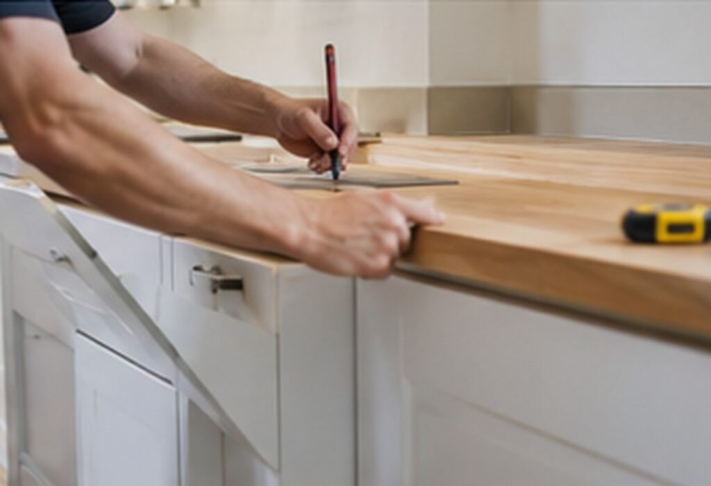 Precise kitchen worktop fitting with cut-outs for the sink and hob